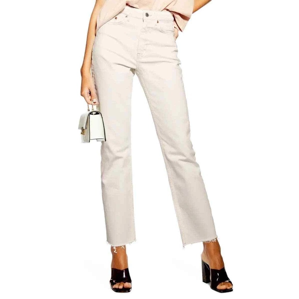 Topshop Jeans Women's Sz 34 Straight Leg Raw Hem Ivory Crop Pockets Stretch